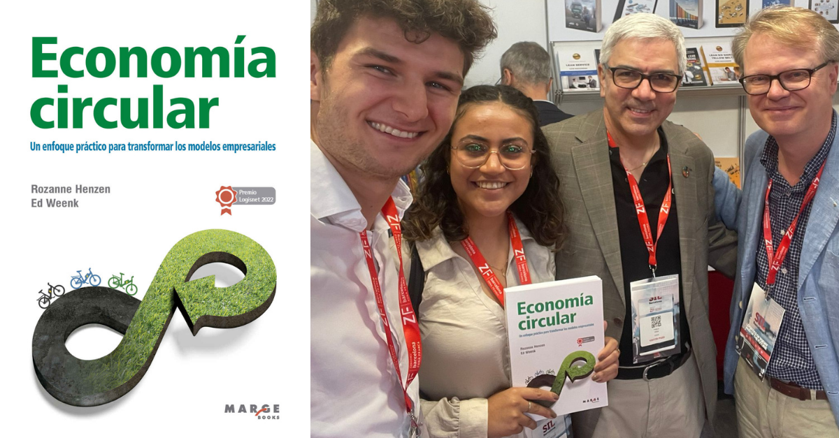 A book cover of the Spanish edition of Mastering the Circular Economy and a selfie with Ed Weenk, the author of the book, and Inchainge team